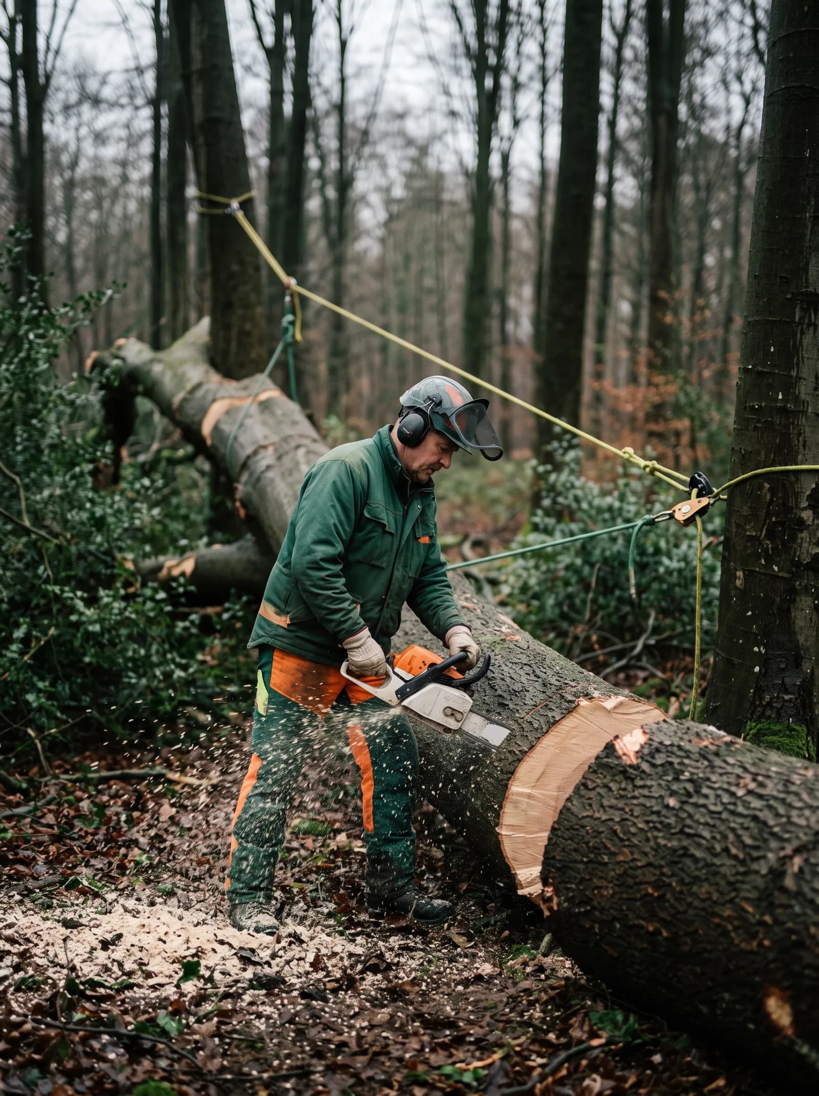 Kontrollierte Fällung: Ein Buchenstamm wird mit der Kettensäge abgelängt, Sägespäne auf dem Waldboden