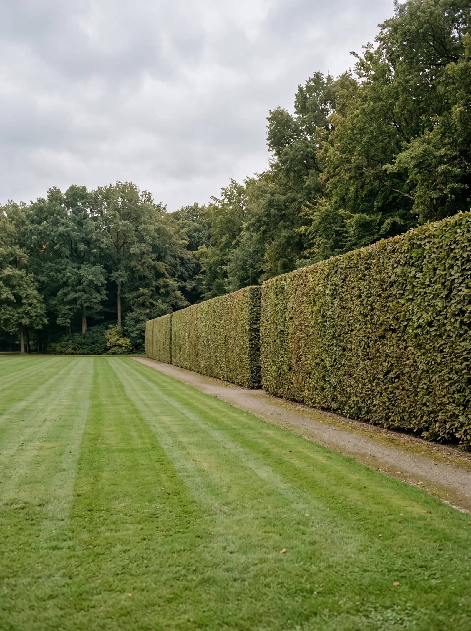 Sauber geschnittene Hainbuchenhecke entlang einer großen gepflegten Rasenfläche