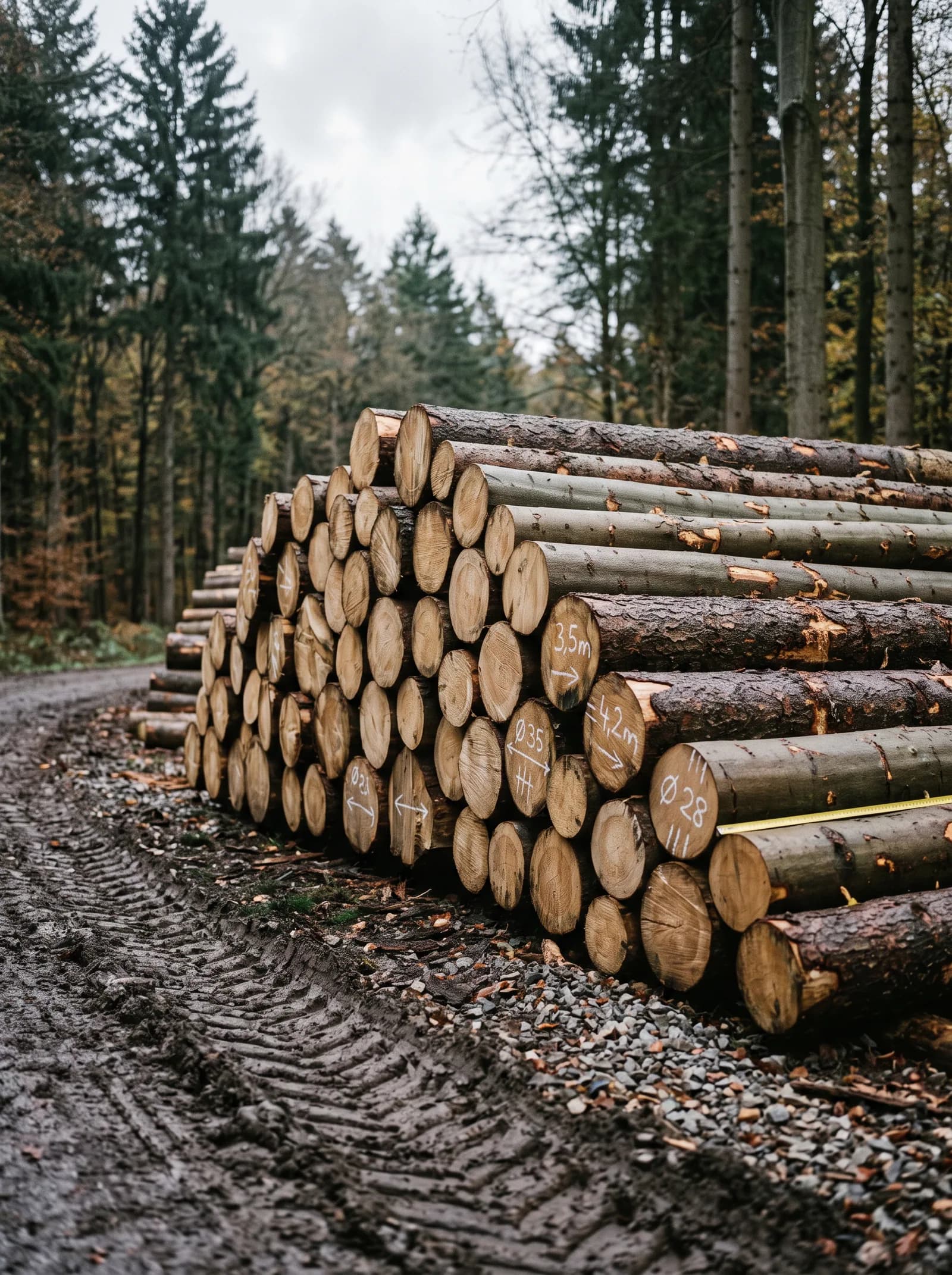 Frisch geerntete Stämme, an einem Waldweg zur Abfuhr aufgesetzt, Schnittflächen zur Kamera