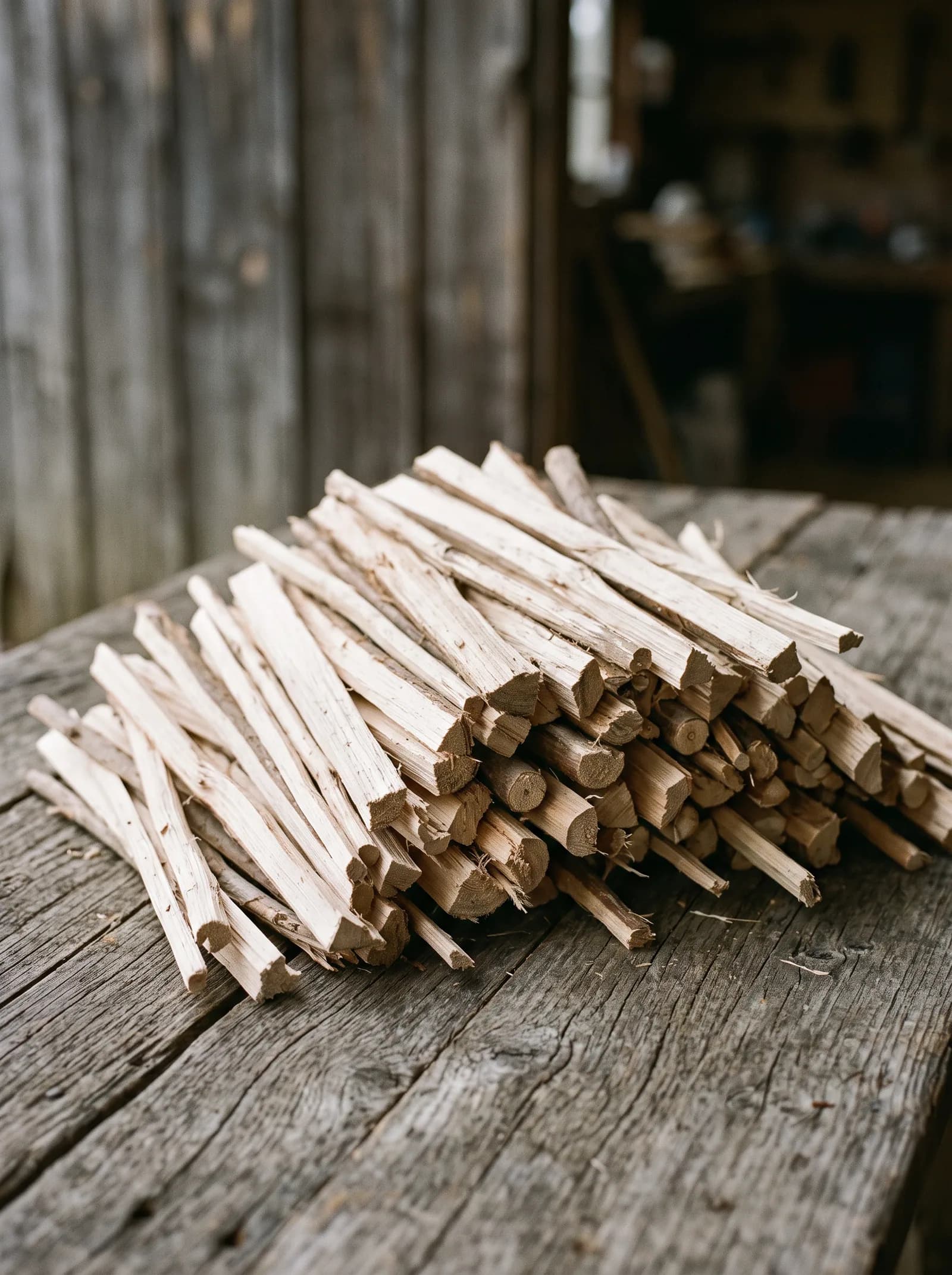 Lose aufgeschichtetes, dünn gespaltenes trockenes Anzündholz