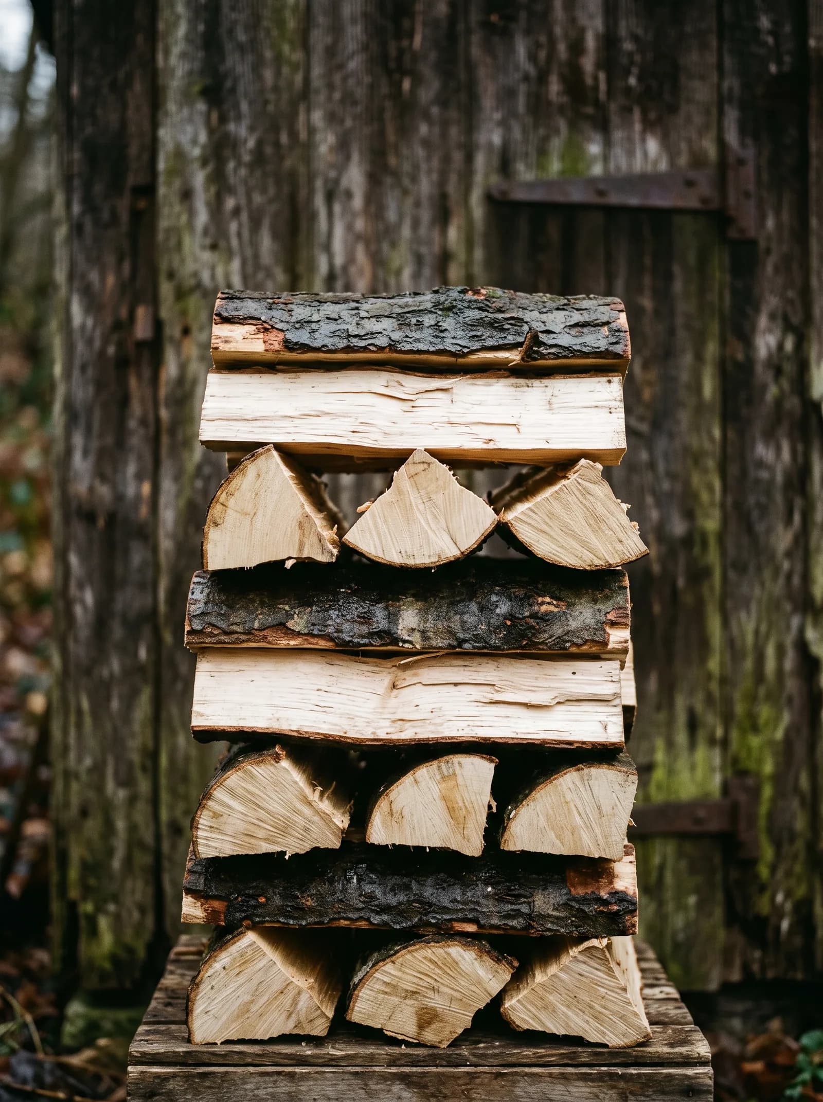 Frisch gespaltenes Buchenholz mit hellen, noch feuchten Schnittflächen