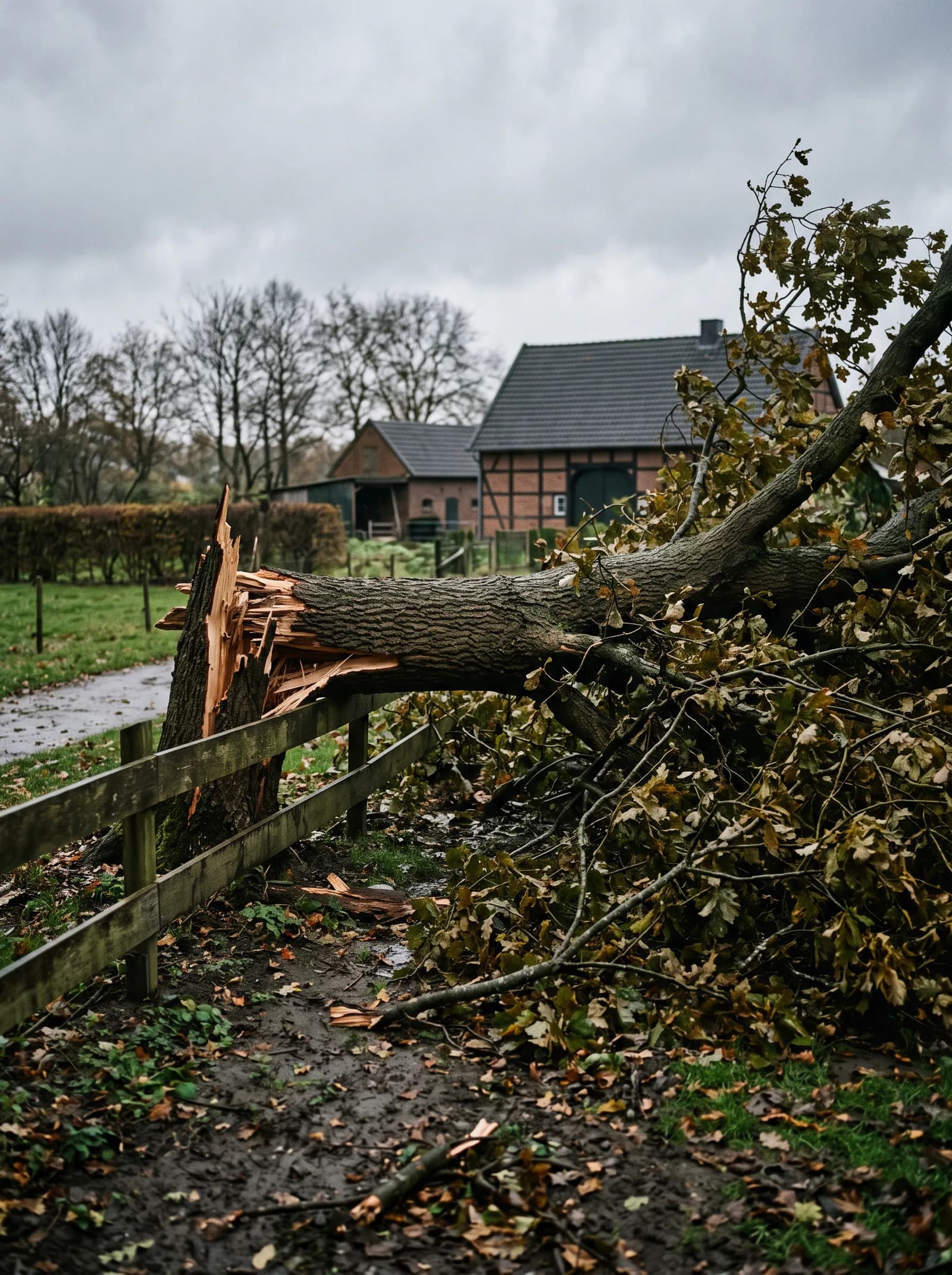 Sturmschaden: umgestürzter Baum mit gesplittertem Stamm am Rand eines Grundstücks
